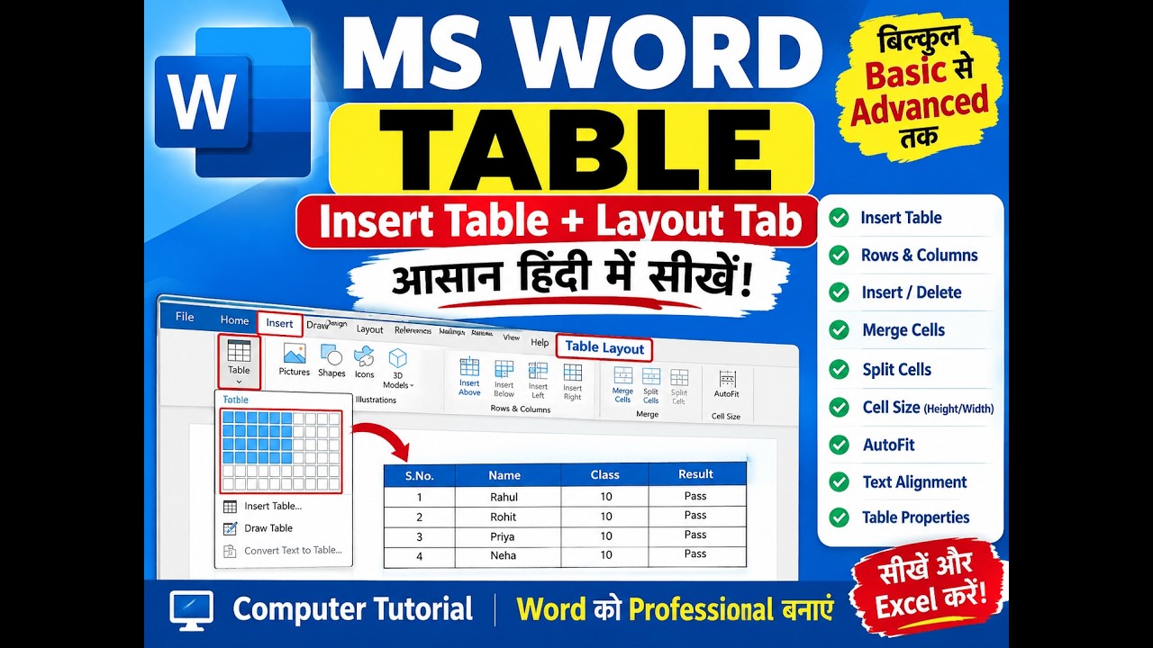 MS WORD INSERT TABLE LAYOUT In Hindi - YouTube