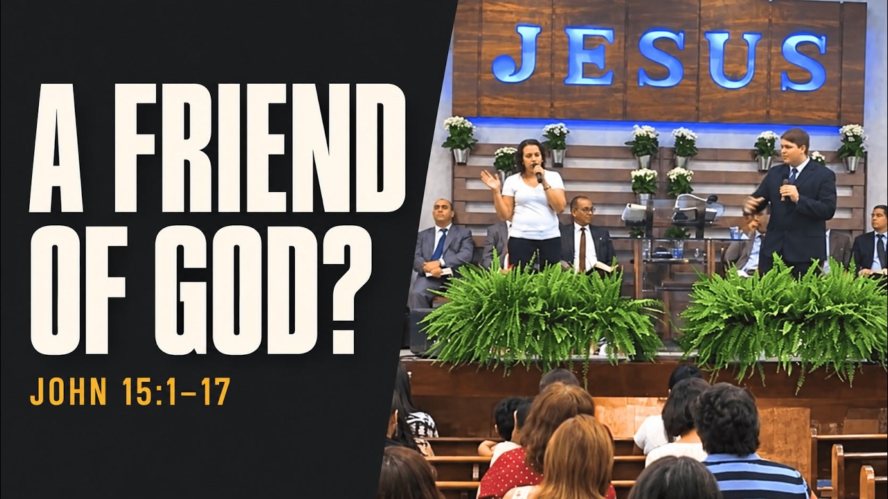 Pastor Chris Buscher preaching from John 15:1–17 about friendship with God, abiding in Christ, obedience, and spiritual fruit.