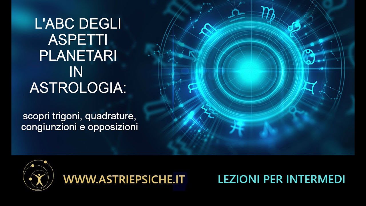 Gli aspetti fra pianeti in astrologia: congiunzione, trigono, sestile, quadratura, opposizione.