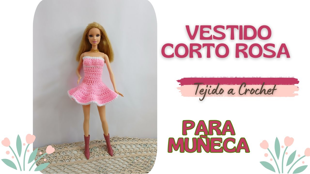 Vestido Corto Rosado Tejido a Crochet para Muñeca