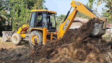 JCB Backhoe Throwing out Bamboo Roots and Cleaning Field - JCB Earthmovers Working