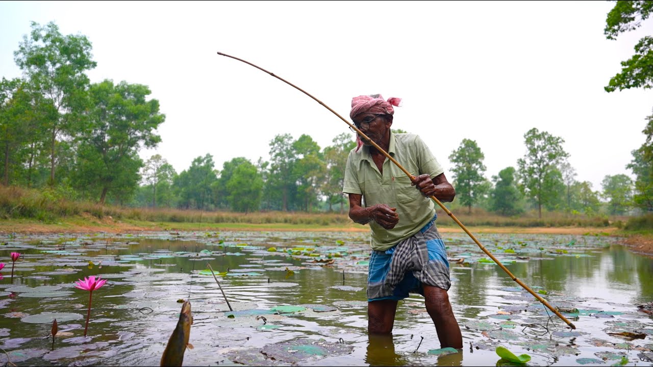 DESI CAT FISH RECIPE | village style hook fishing and cooking pond cat fish steamed recipe | fishing