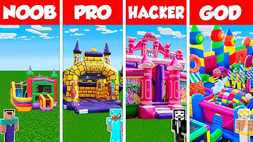 Minecraft Battle: NOOB vs PRO vs HACKER vs GOD: BOUNCY CASTLE HOUSE BASE BUILD CHALLENGE / Animation