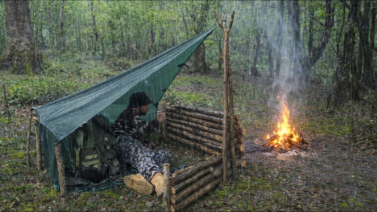 2 Days Alone Camping in Heavy Rain | Bushcraft Shelter & Campfire