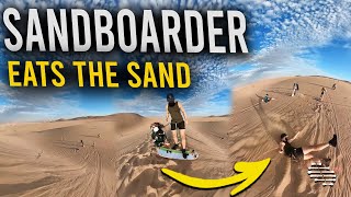 Guy Attempts to Stand While Going Down Hill but Eats Sand Hard While Sandboarding