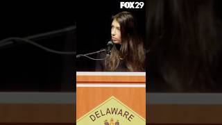DE State Police Corporal Matthew “Ty” Snook’s widow delivers emotional message at his funeral.