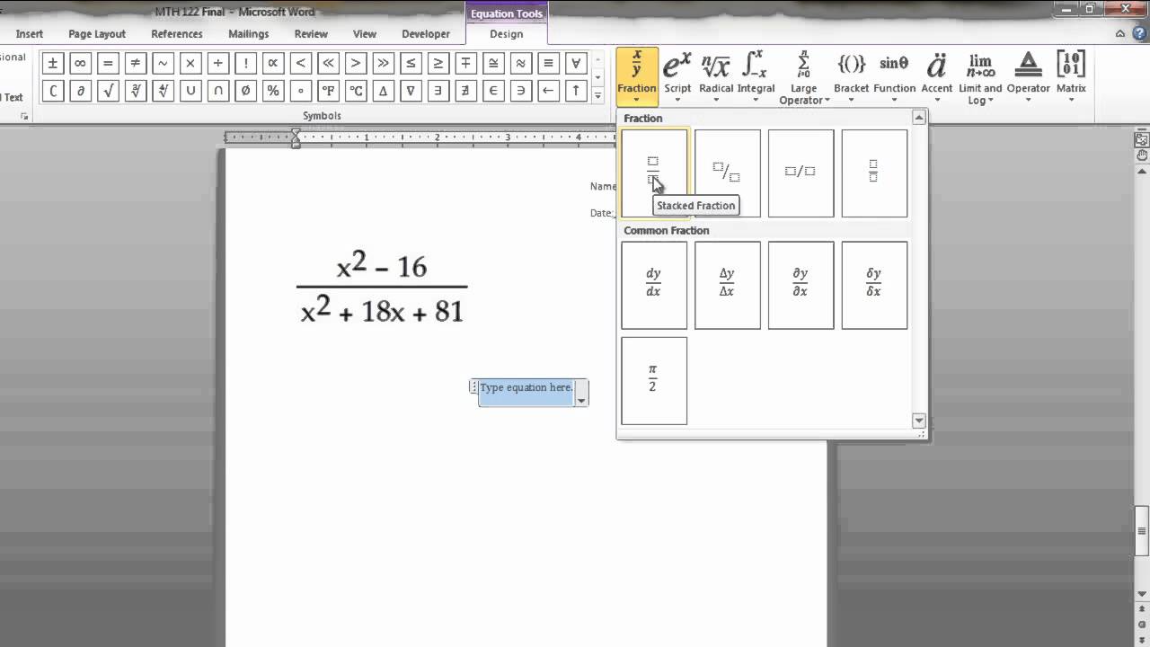 How to write equation in ms word 2010