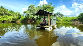 Heavy Rain Camping  Hit by Rain Multiple Times While Making a Floating Shelter from Bamboo & Plasti