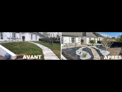 Aménagement devant un pavillon. Avec bordures en Palis de Schiste et diverses plantations.