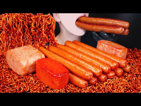 ASMR GIANT SAUSAGE SPICY CHEESE SPAM BLACK BEAN NOODLES COOKING MUKBANG 소세지 스팸 먹방 咀嚼音 EATING SOUNDS