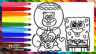 Draw and Color SpongeBob and Sandy Cheeks Getting Married 🧽❤️🐿️🤵⚭👰‍♀️🌊 Drawings for Kids