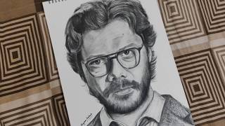 The Professor Money Heist - Charcoal Portrait Sketch Art - Time Lapse