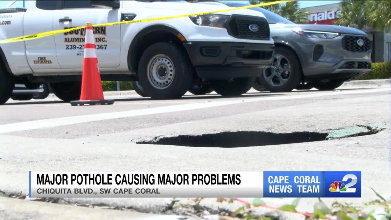 Large pothole causing problems for drivers in Cape Coral - YouTube