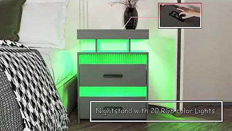 Dystler Grey Nightstand with Charging Station LED Bedside Table with 2 Drawer  Open Storage Shelf Sm