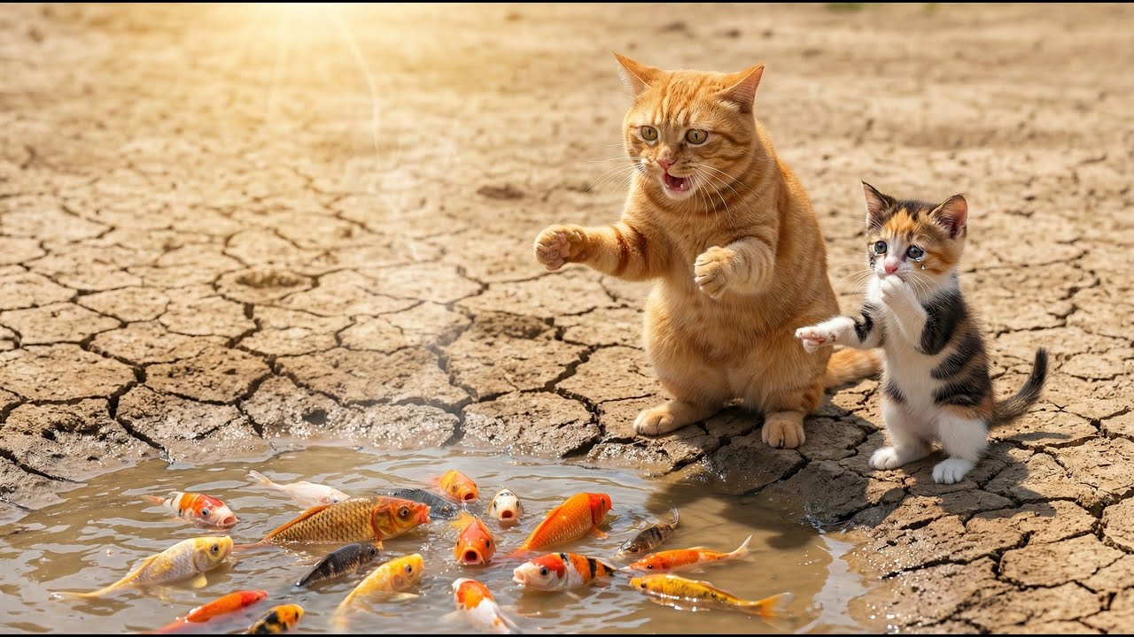 Ginger & Little Kitten Save 50 Koi Fish from Drying Pond: Neighborhood Helps, All Survive! 🐟
