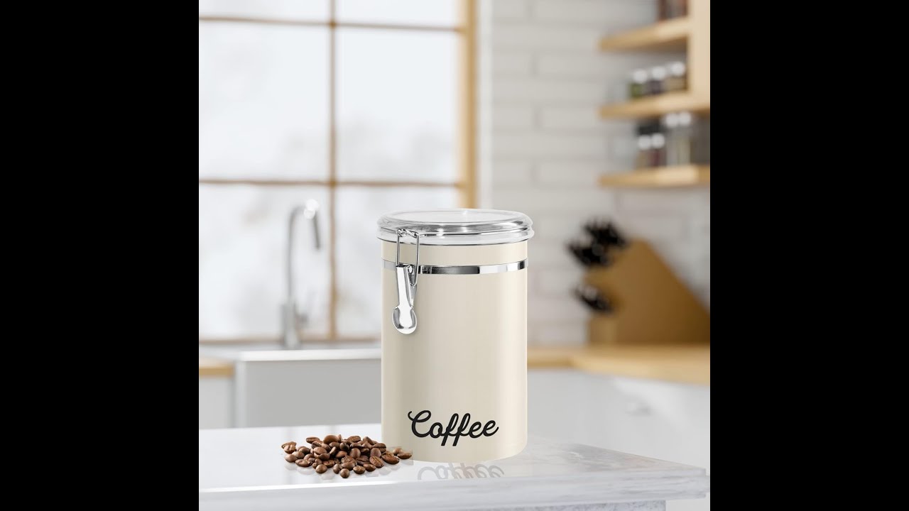 Oggi Stainless Steel Coffee Canister 62 fl oz - Airtight Clamp Lid, Warm Gray, Tinted See-Thru Top