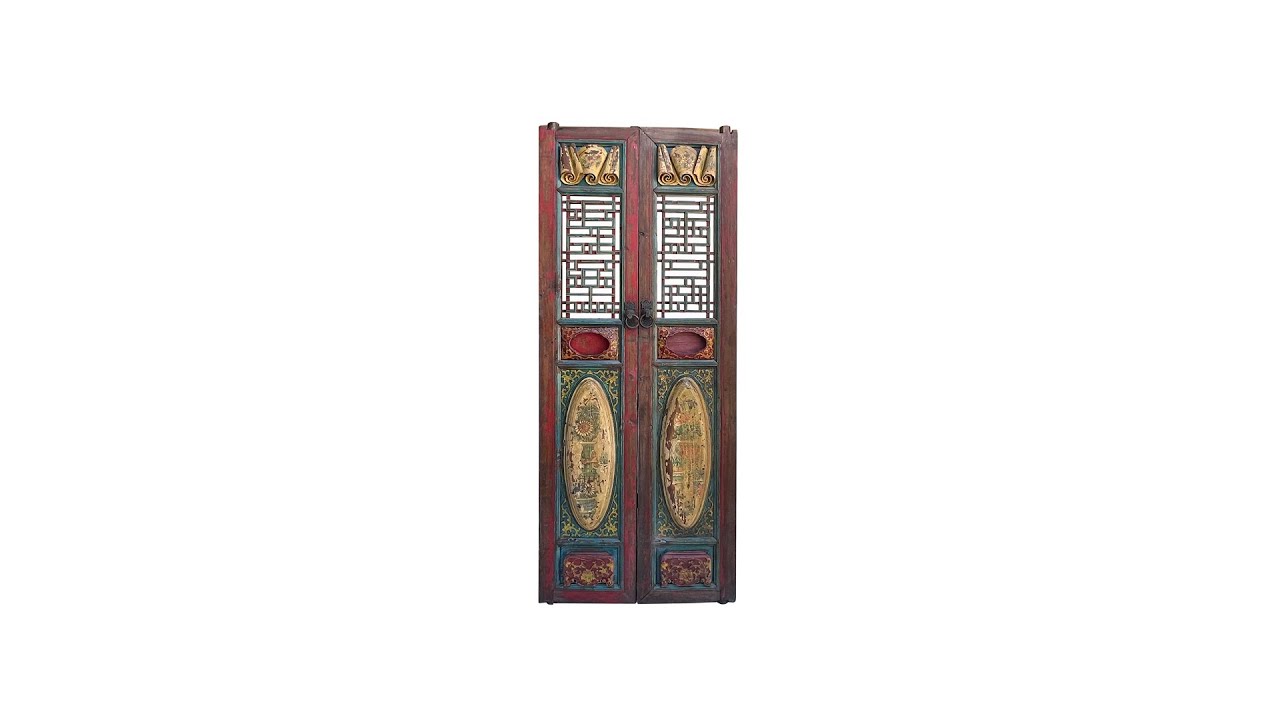 Pair Vintage Chinese Scenery Golden Carving Graphic Wood Tall Door Panels cs7652