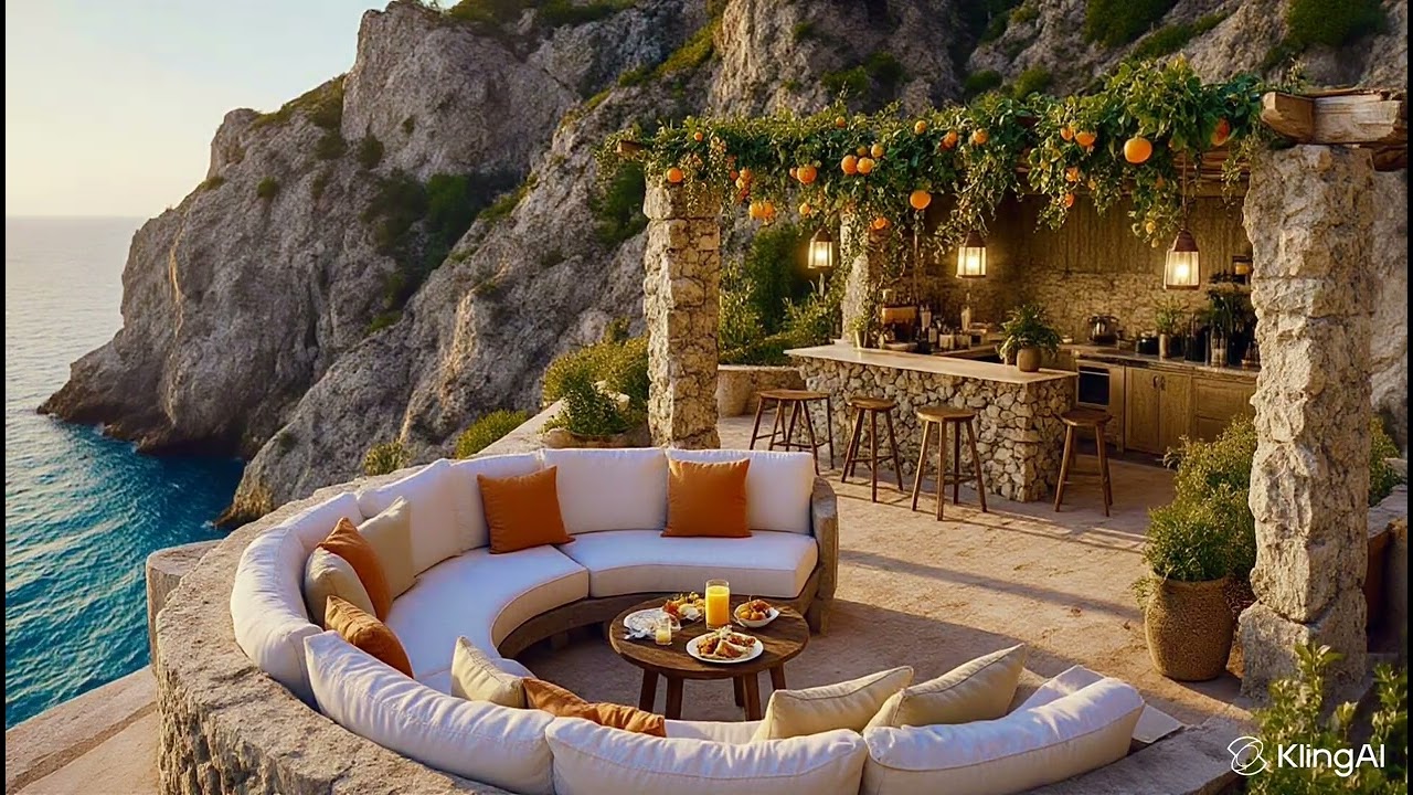 A sea of ​​joy, emotions in a cafe on the seashore  Relaxation, music, 4K