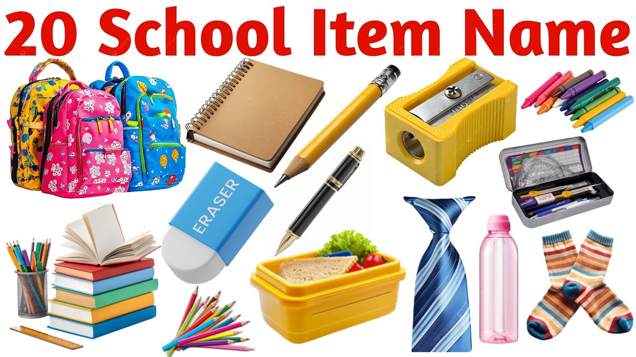 20 स्कूल के सामान के नाम | Learn School Items Names in English for Kids with Pictures & Sounds