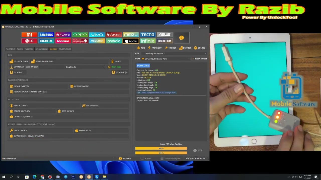 iPad Pro 9.7 2018 Cable DCSD Change Serial Bypass Hello Screen  UnlockTool (All Cerdit UnlockTool)