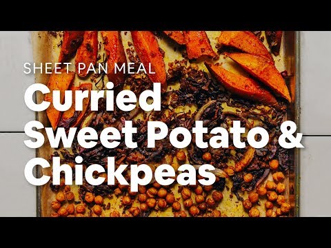 sheet-pan-meal:-curried-sweet-potato-&-chickpeas-|-minimalist-baker-recipes