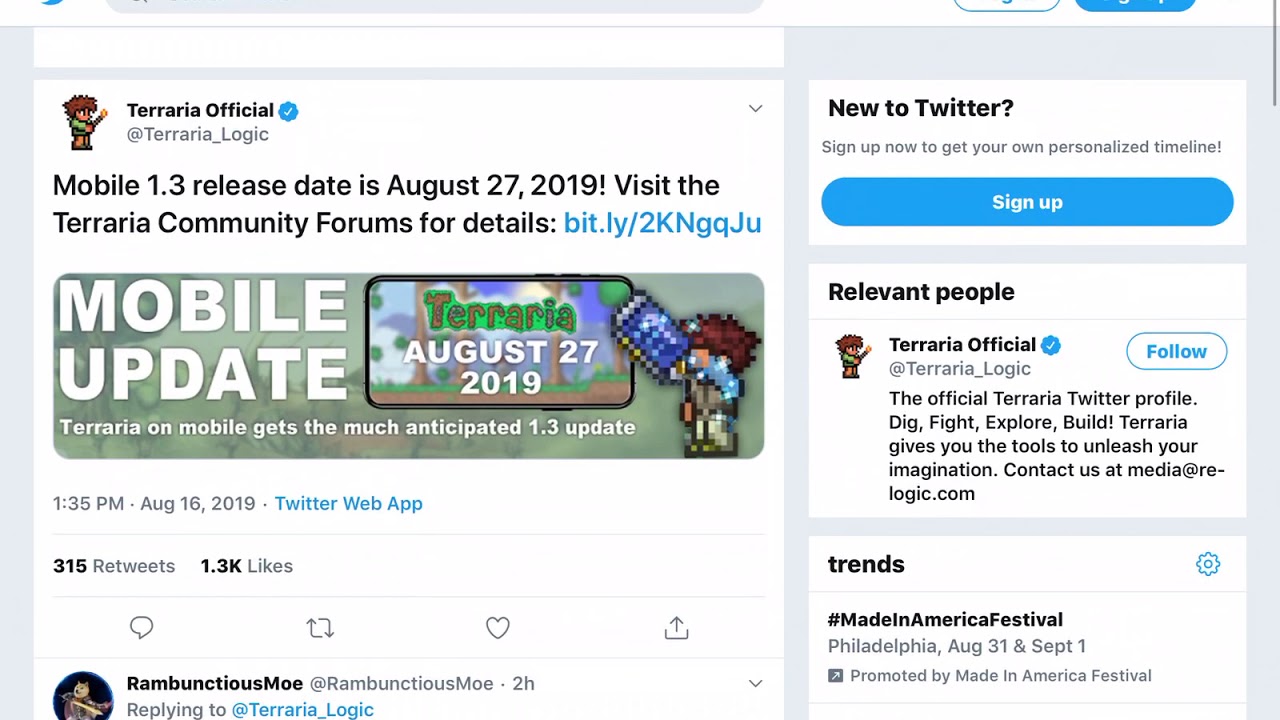 TERRARIA MOBILE 1.3 UPDATE RELEASE DATE COMFIRMED BY DEVS!!!!!!!!(Not
