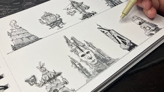 Grayscale Building Concept Drawing | Grey Pens & Black Fine liners Sketch