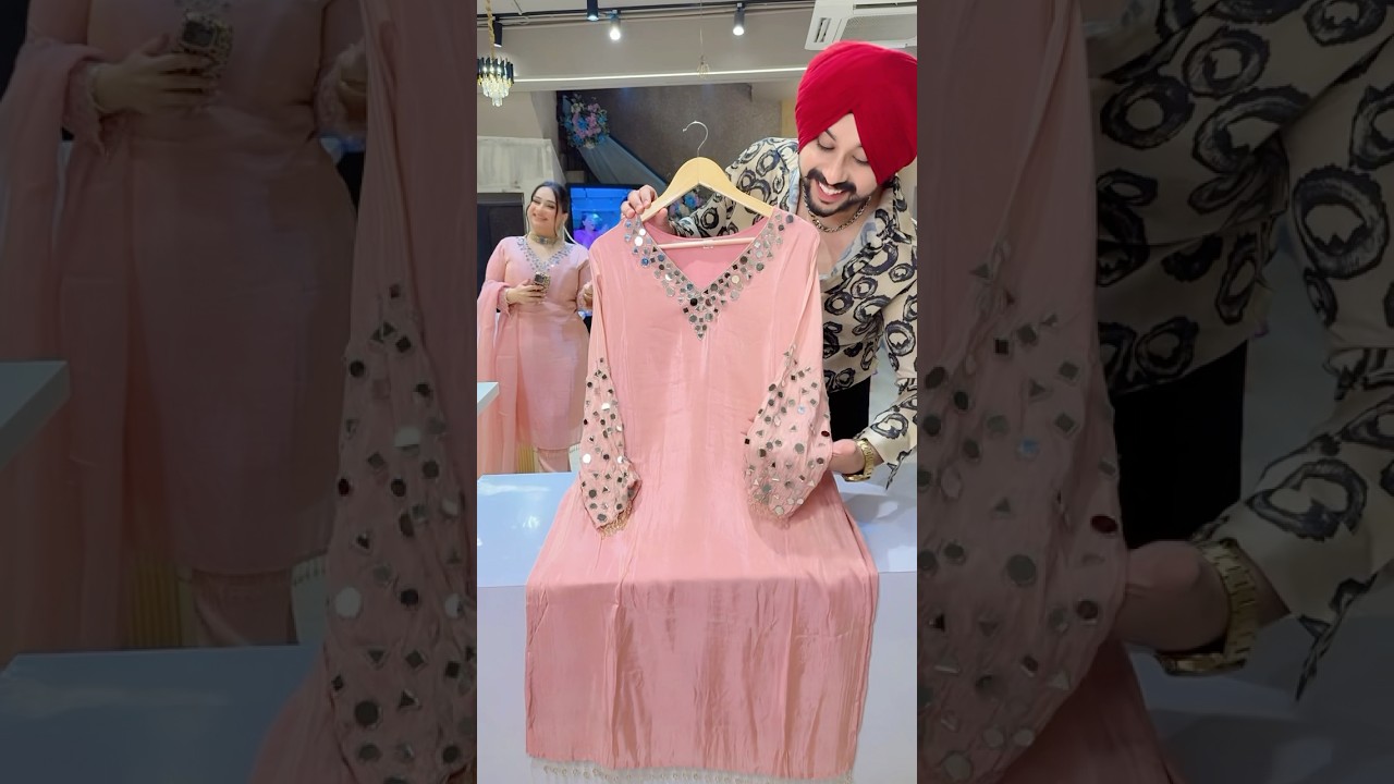 Pastel Pink Shimmer Silk Party wear Straight Suit with Heavy Mirror Work on Neck & Sleeves