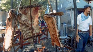 Italy Street Food Festival. Huge Asado, Mixed Meat on Grill, Angus and more Food from the World