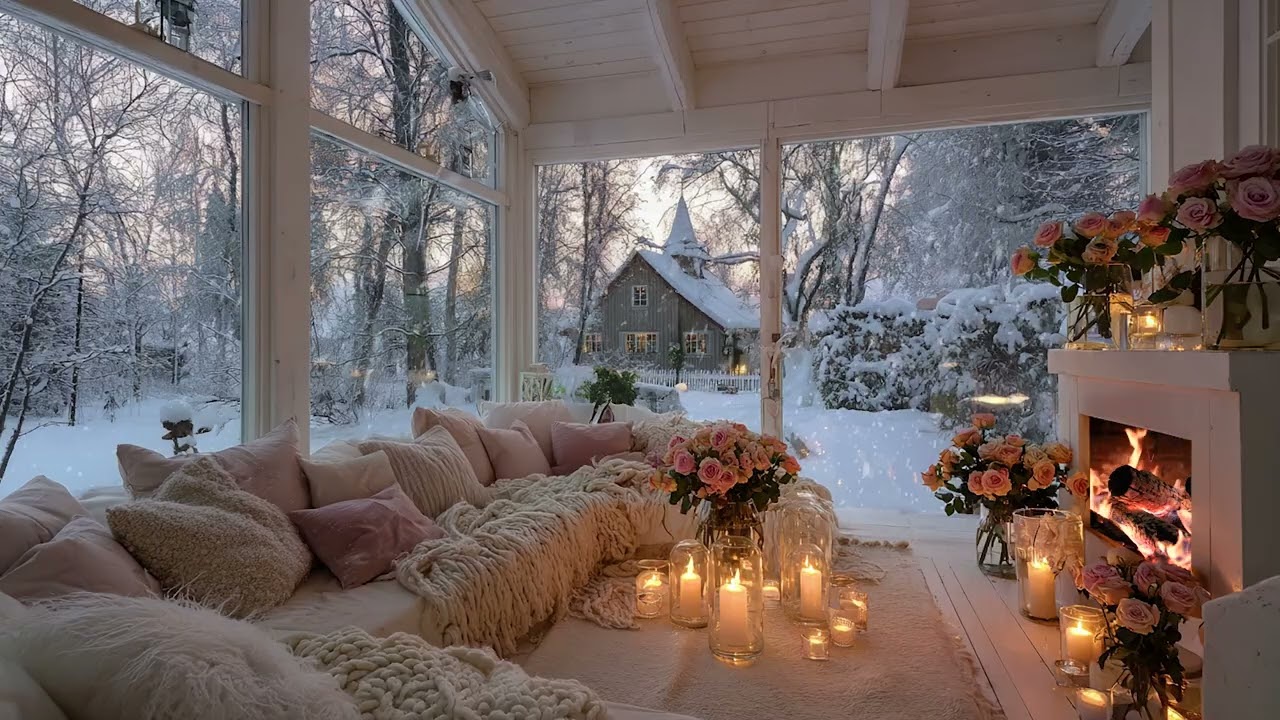 Gentle Snow Wind Outside | Cozy Fireplace Ambience for Relaxation and Rest