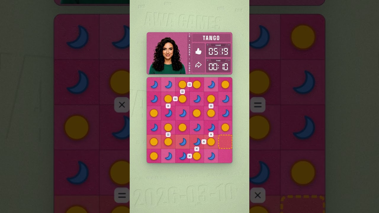 LinkedIn Tango #519 solved board for March 10, 2026, 6x6 grid