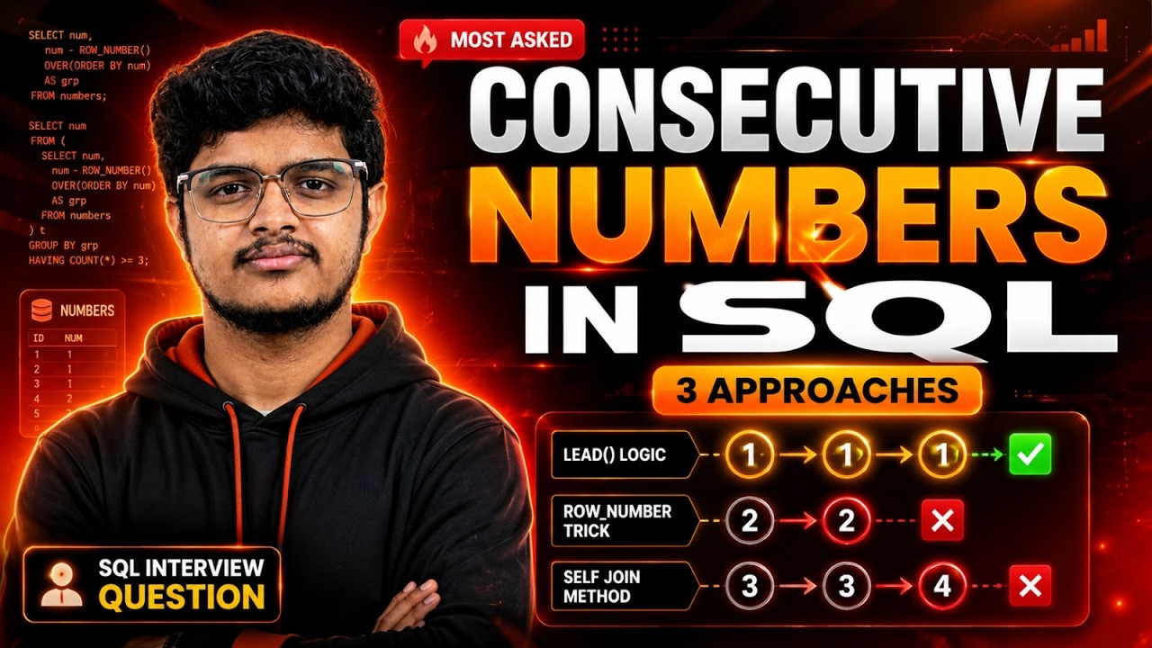 ADVANCED SQL 🔥 Consecutive Numbers Problem | 3 Approaches Explained ...