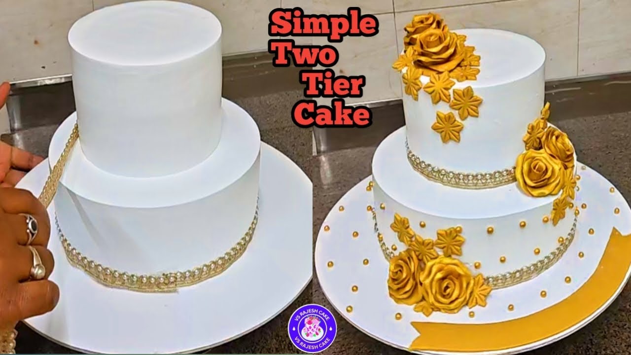 Simple Two Tier Cake/Two Tier White And Gold Cake Design/Two Tier Anniversary Cake Design