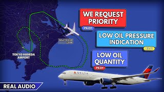 Delta Airbus A350 requests priority. Engine problem after takeoff from Tokyo. Real ATC
