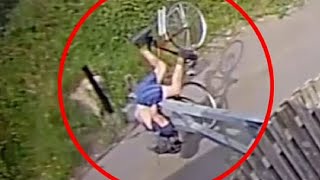 Moment hapless cyclist poleaxed after hurtling downhill towards gate