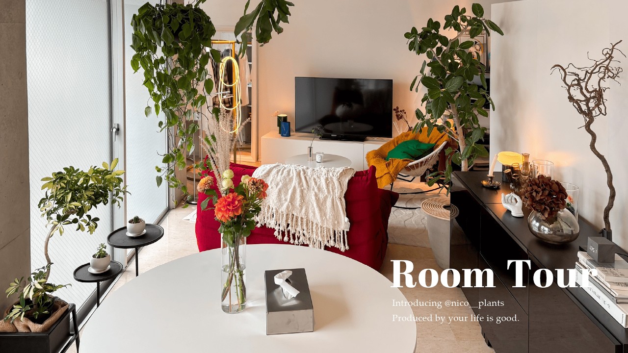 【ルームツアー】観葉植物と赤の差し色が心を満たすお部屋｜バランスの取れた彩り空間｜1R・賃貸 | Room tour