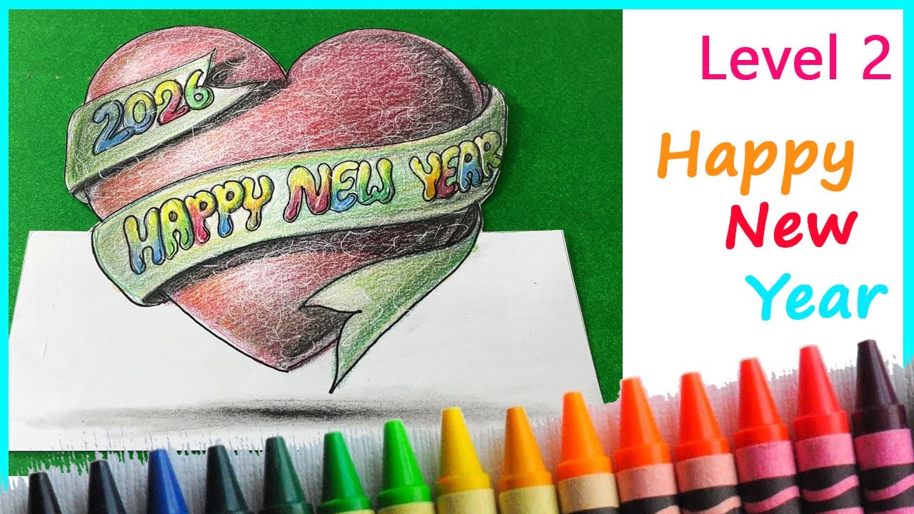 Easy way to Draw Happy New Year 2026  Step by Step for level 2 students