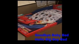 Goodbye baby bed, Hello Big boy bed. We got a new bed. #funtimeswithmyky #toddlerbed #mommmyro