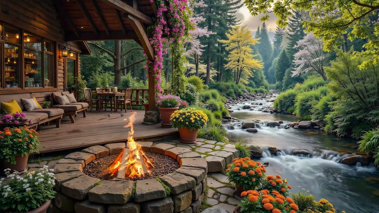 Relax by the Forest River 🌿 Cozy Lakeside Cabin with Campfire & Piano Music | Relaxing Escape