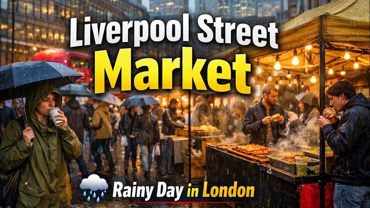 Exploring Liverpool Street in Light Rain 🌧️ | Busy Market & Street Food
