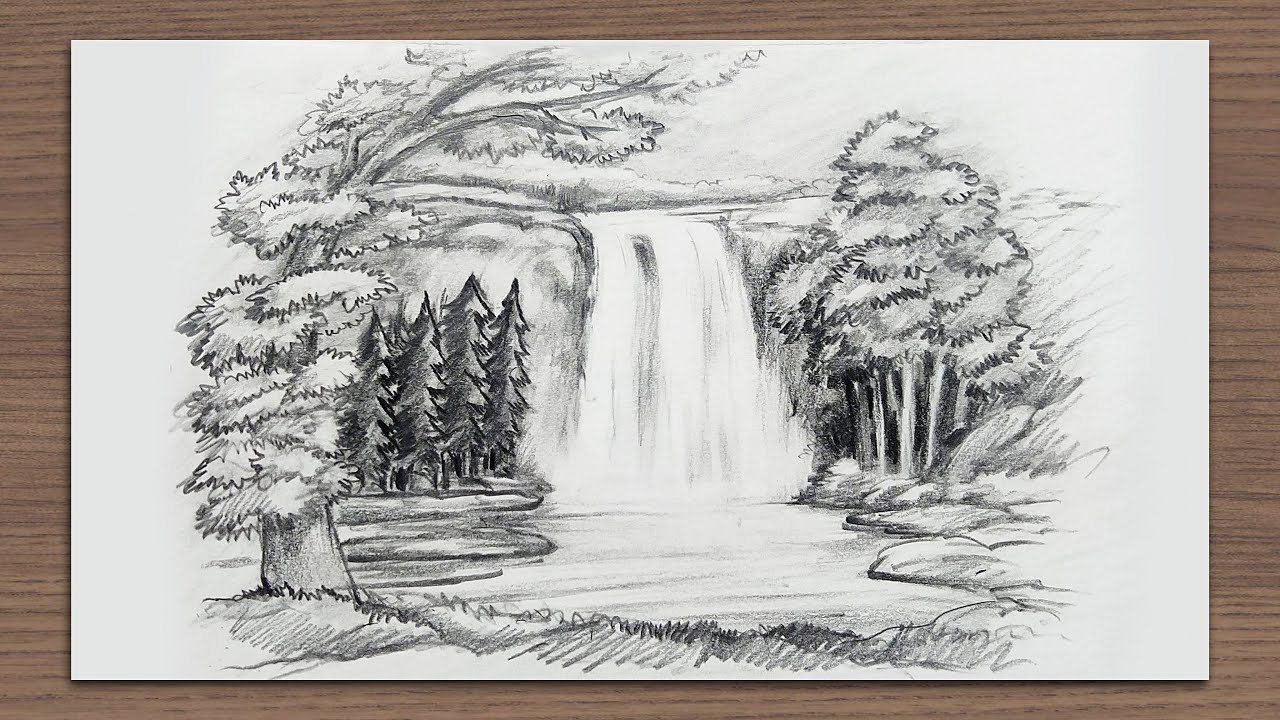 Рисунок водопада простым карандашом