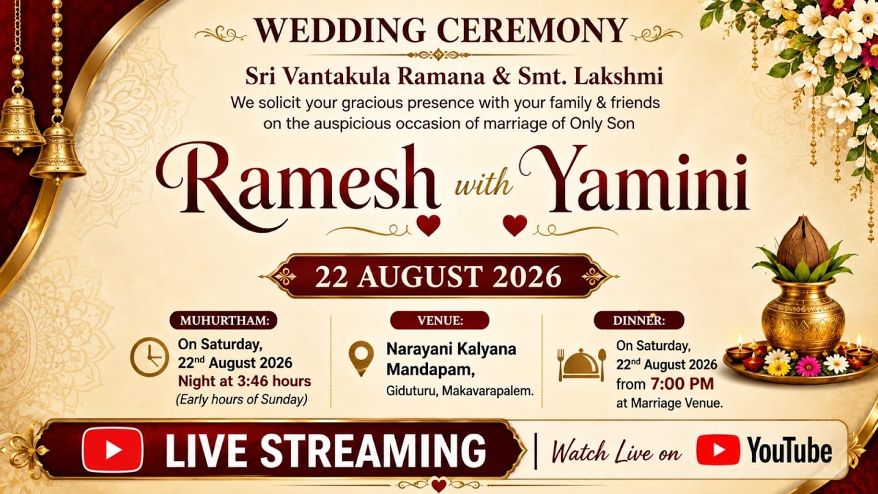 Pydi Venkala Ramesh♥️ with ♥️Yamini Devi || 🆆 🅴 🅳 🅳 🅸 🅽 🅶 ⓒⓔⓛⓔⓑⓡⓐⓣⓘⓞⓝⓢ || 🔴Live 7 PM // 22/Aus/26 //
