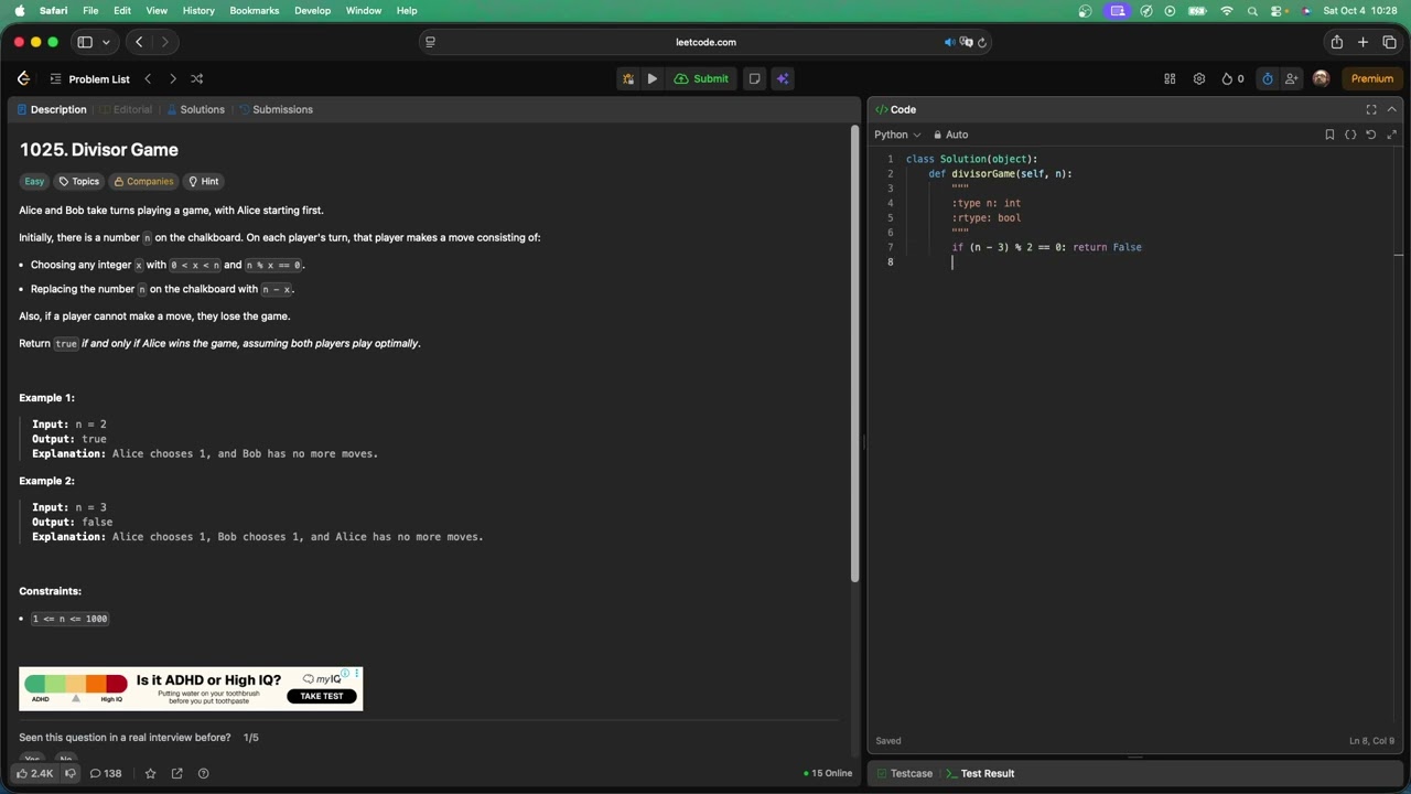 No Sound Leetcode 1025: Divisor Game
