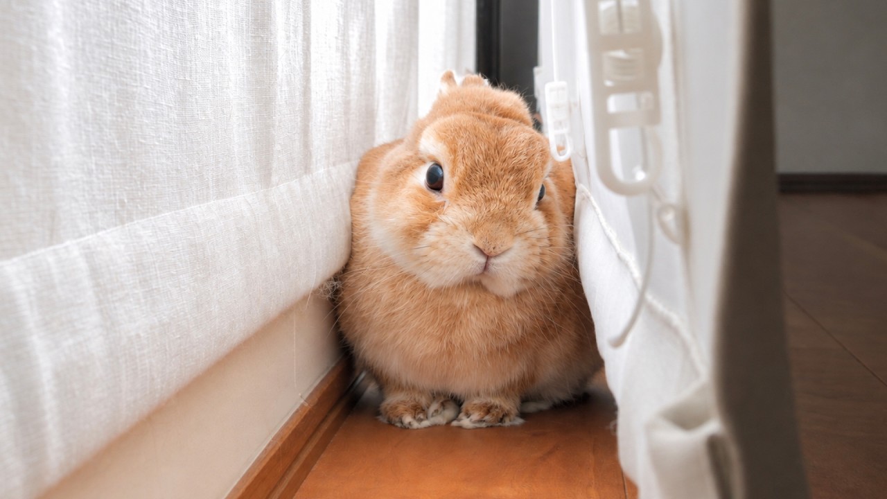 Mugi Was Waiting Between the Curtains When We Got Home from Mimi's