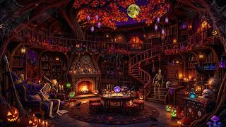 🎃📖 Witch’s Halloween Bookstore Ambience | Scary Autumn Night Jazz, Fireplace Sounds & Falling Leaves