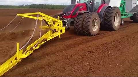 Peat harvesting with mechanical harvester Meripeat Ecofield-45 + V-type front windrower