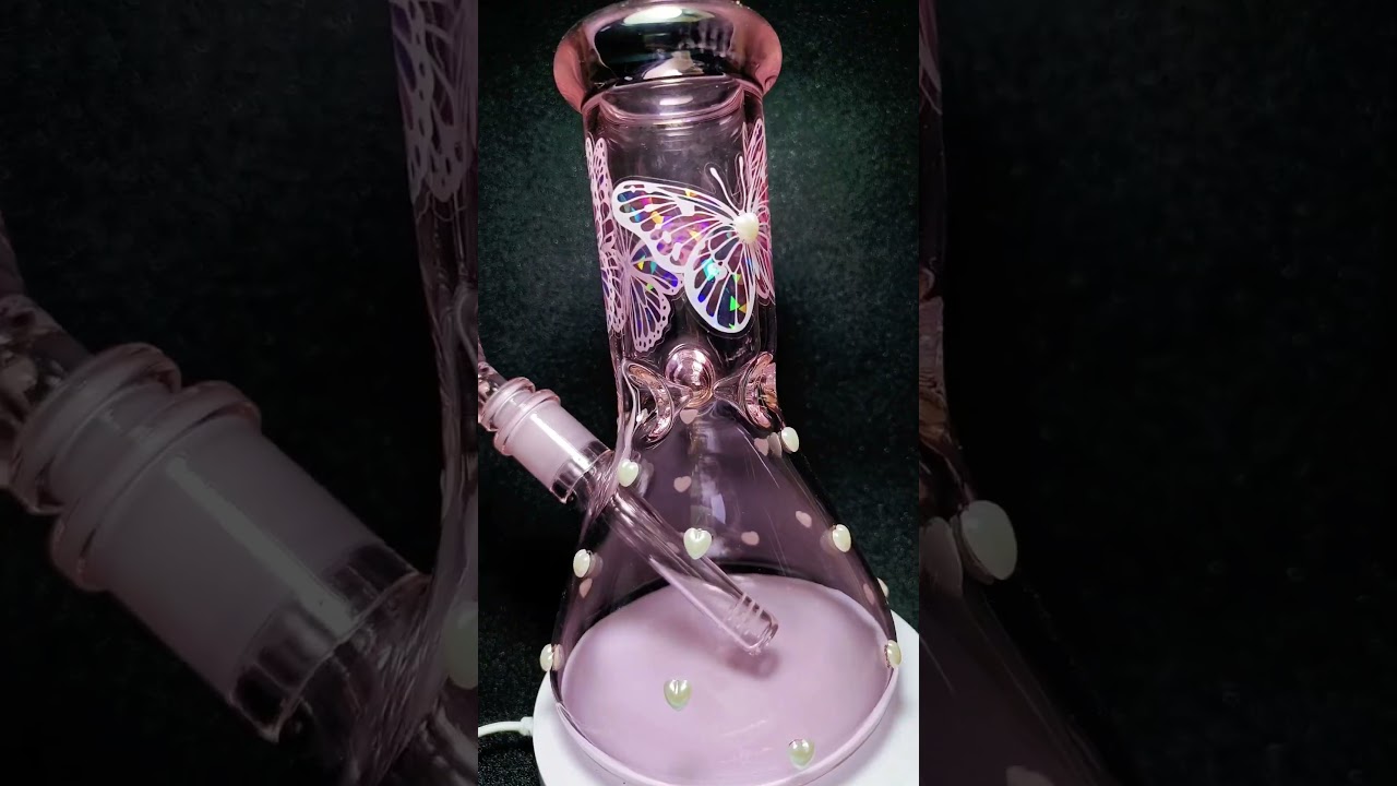 8″ Pink Iridescent Butterfly Beaker Bong with Pearls