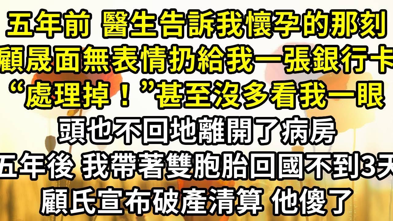 五年前，醫生告訴我懷孕的那一刻，顧晟面無表情地扔給我一張銀行卡“處理掉！”甚至沒多看我一眼，頭也不回地離開了病房，五年後 我帶著雙胞胎回國不到3天，顧氏宣布破產清算 他傻了