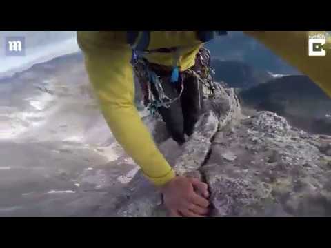 Stomach churning footage shows mountain climbers at 3,600 feet