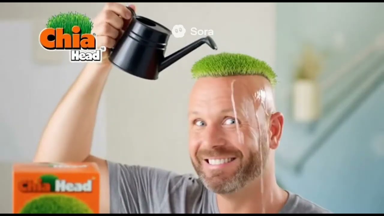 Chia Head, the easy growing hair solution for bald guys. Parody, Sora 2.